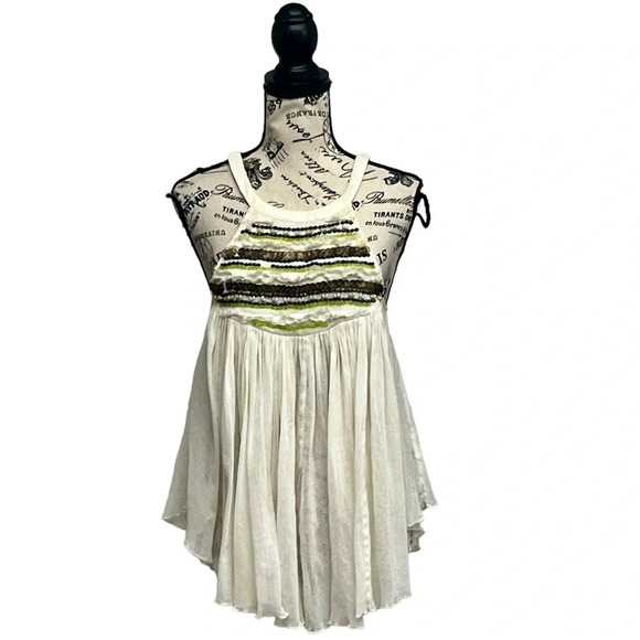 Free People Beaded Mesh Sheer Babydoll Tunic Blouse Sequin Beaded S Boho Peasent - Picture 1 of 10